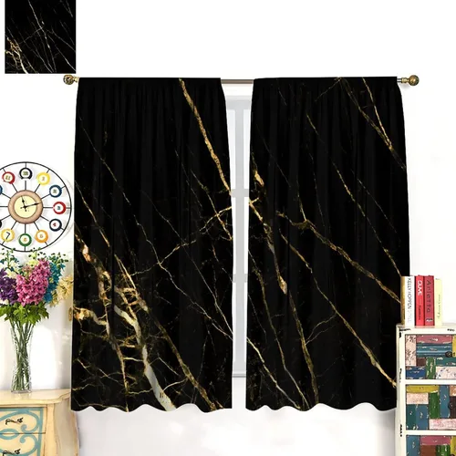 Vista 78 de Cortinas Negras con Dobladillo Dorado, Cortinas Opacas con Bolsillo para Barra con Estampado de Rayas de Foil en Onda Dorada para Decoración de Negro