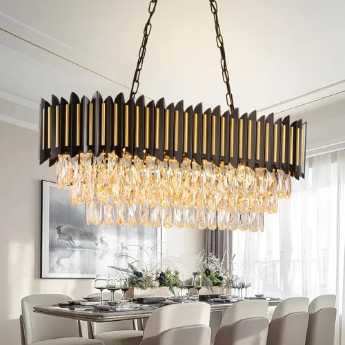 Vista 10 de Candelabro moderno de cristal negro y dorado de 15 luces para comedor, sala de estar, redondo, 6 niveles, contemporáneo, colgante de techo, lámpara