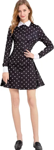 Vista 4 de Vestido de manga larga con cuello Peter Pan para mujer, lindo ajuste y acampanado