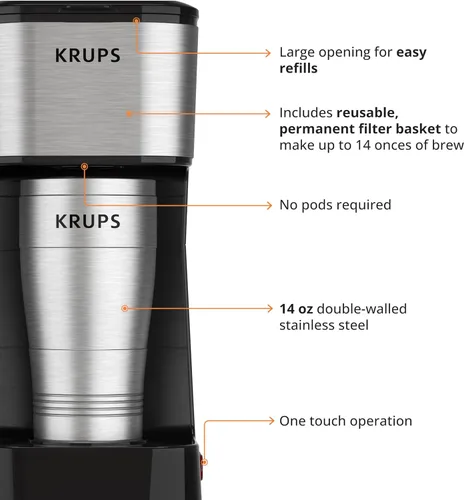 Vista 6 de KRUPS: Simply Brew - Cafetera de 2 tazas, cafetera de goteo de una sola porción de acero inoxidable y vaso de viaje, vaso de acero inoxidable de 14