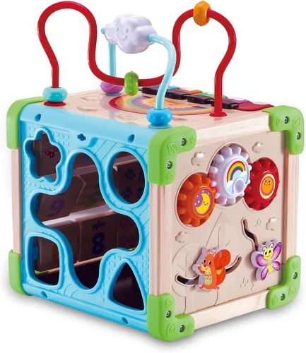 Vista 3 de VTech Cubo de juego interactivo de madera, cubo de juego interactivo con madera certificada FSC®, con varios elementos, canciones y música