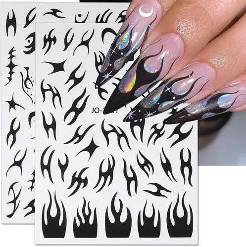 Vista 4 de 8 hojas de calcomanías de arte de uñas con llama irregular, plateado metálico, negro, blanco, oro, calcomanías autoadhesivas Y2k para diseño de uñas