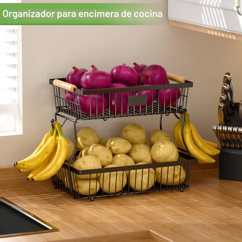 Vista 6 de Cesta de frutas de 2 niveles para encimera de cocina con 2 ganchos para plátanos, cesta de pan de metal para encimera con mango de madera, soporte
