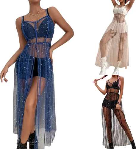 Vista 2 de Vestidos de malla para mujer con lentejuelas divididas tirantes delgados vestido largo para playa cóctel fiesta club