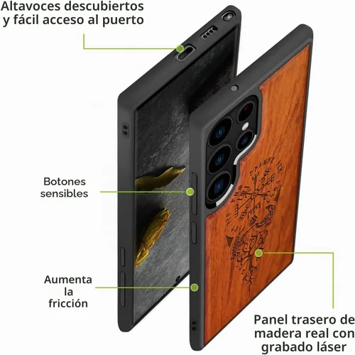 Vista 6 de Carveit Funda de madera para Galaxy S22 Ultra, brújula vikinga Rosewood-S22 Ultra