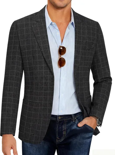 Vista 22 de COOFANDY Mens Blazer Casual Slim Fit Sport Coats Lightweight Sport Jacket Linen Textured Blazer, Two Button Suit Jacket, Patch Pockets, Plaid B