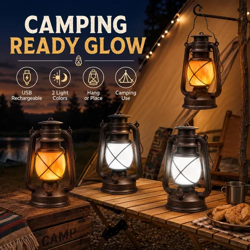 Vista 7 de Farol LED de campamento con pilas, lámpara colgante para exteriores, linterna recargable, llama parpadeante, faroles retro, control remoto, 4 modos