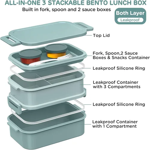 Vista 2 de DaCool Lonchera Bento para adultos, caja Bento de 74 onzas, contenedor apilable todo en uno para adultos, caja Bento grande con tenedor, cuchara