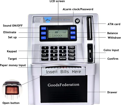 Vista 3 de Alcancía estilo cajero automático para dinero real para niños y adultos, alcancía de juguete con tarjeta, contraseña, reconocimiento de monedas