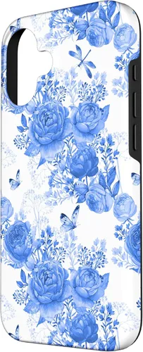 Vista 2 de Funda para iPhone 16 French Country Floral Azul Blanco Toile Grandmillennial Roses