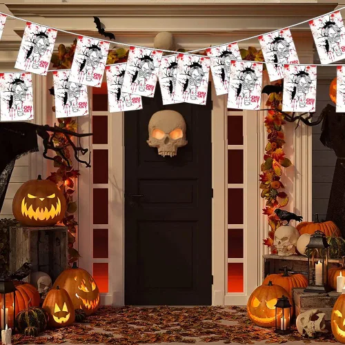 Vista 4 de Banderas y banderas clásicas de Chucky para Halloween, decoración colgante para interiores y exteriores