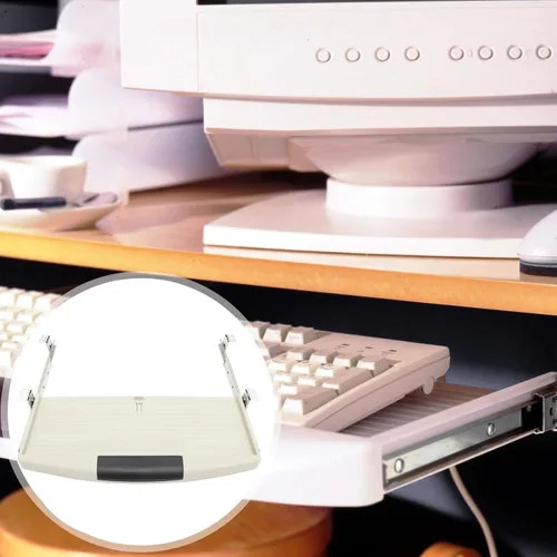 Vista 7 de MAGICLULU Caja para teclado de computadora, bandeja de teclado debajo de la mesa, cajón de teclado, soporte para computadora de escritorio, soporte