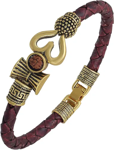 Vista 2 de Indian Collectible - Pulsera espiritual de una cara Trishul Damru OM Rudraksha bañada en oro Mahakal Shiva de cuero genuino de cuerda teñida marrón