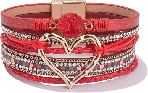 Vista 9 de Pulseras de cuero con corazón grueso, estilo bohemio, apilable, lindo Negro