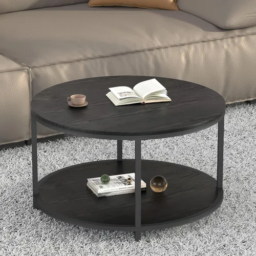 Vista 16 de NSdirect Mesa auxiliar redonda de 32 pulgadas para sala de estar, mesa central de madera maciza de 2 niveles para decoración del hogar con estante
