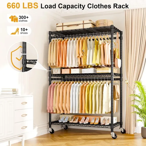Vista 2 de ULIFHOME P5 Plus - Perchero resistente para colgar ropa, perchero de metal con ruedas, estante portátil de 3 niveles para armario de 45 pulgadas