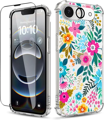 Vista 14 de Funda para iPhone 14, [3 en 1] con protector de pantalla y protector de lente de cámara, diseño de patrón de flores, transparente, suave, a prueba