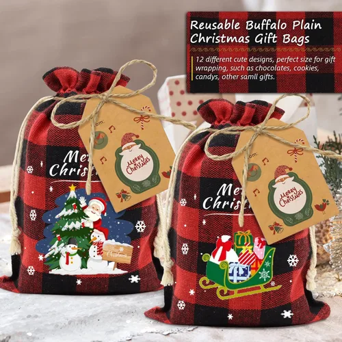 Vista 4 de Aviski 36 unidades de bolsas de regalo de Navidad con cordón de algodón, diseño a cuadros de búfalo, bolsas de dulces de Navidad, bolsas de regalo