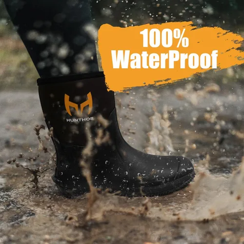 Vista 2 de Botas de goma para hombre con vástago de acero, botas de lluvia aisladas de neopreno de 0.236 pulgadas, botas de trabajo de goma impermeables a