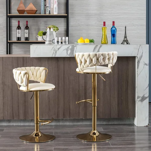 Vista 9 de Moderno taburete de bar ajustable de terciopelo, taburete de bar giratorio de 360 grados, taburete de isla de cocina curvado con respaldo medio