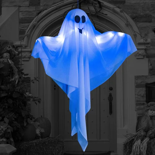 Vista 3 de Paquete de 4 decoraciones de fantasmas colgantes de Halloween, fantasmas flotantes espeluznantes iluminados de 27.5 pulgadas con LED azul, casa