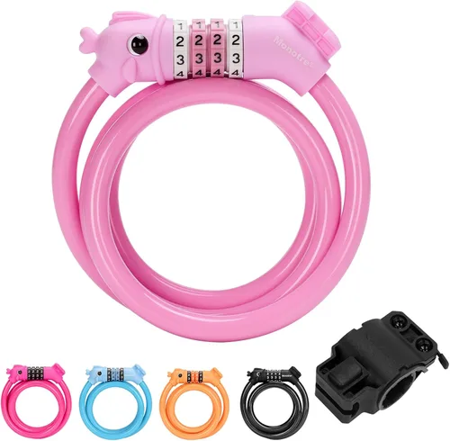 Vista 11 de Candado para bicicleta, 1.19 metros, combinación de 4 dígitos reseteable, contraseña, candado de cable antirrobo, lindos candados para bicicleta