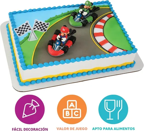 Vista 3 de DecoSet® Mario Kart™ Adorno para Pastel, Decoración de Pastel de 3 Piezas con Adornos de Kart de Carreras y Decoración de Bandera a Cuadros, Karts