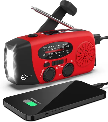 Vista 10 de Esky Radio de emergencia con manivela y 3 linternas LED, radio meteorológica portátil AM/FM/NOAA con cargador de teléfono de 2000mAh, radio