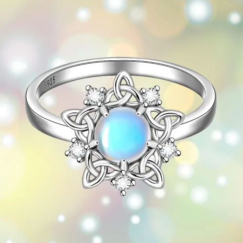 Vista 8 de Anillo de piedra lunar con nudo celta, piedra de nacimiento de junio, anillos de compromiso celta de eternidad, anillos de compromiso para mujer