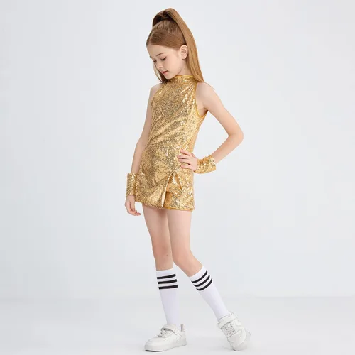 Vista 2 de LOLANTA Vestido de baile de lentejuelas para niñas de 4 a 12 años, traje de baile de hip hop, sin mangas y pantalones cortos