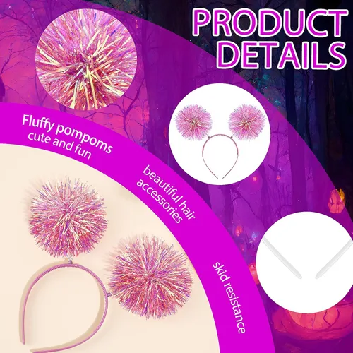 Vista 2 de Foil Strips Pom Pom Headband Tinsel Fashion Headband Fluffy Ball Hair Loop Cosplay Hair Accessory for Women Girl Party