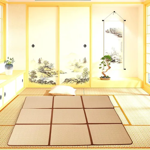 Vista 8 de Nisorpa Tapete japonés de tatami de 71 x 71 pulgadas, 0.47 pulgadas de grosor, tapete japonés de ratán antideslizante y transpirable de espuma Marrón
