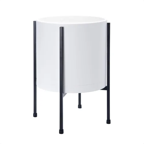 Vista 13 de D'vine Dev Maceta negra de 8 pulgadas con soporte, moderna maceta cilíndrica de plástico con soporte de metal resistente para plantas