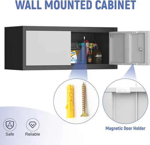 Vista 6 de Gabinete de almacenamiento de metal con cerradura, gabinete de pared de garaje de 12.8" H, almacenamiento de acero con puertas, organización