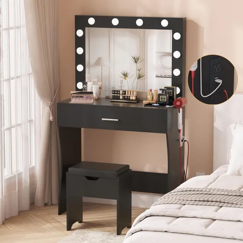 Vista 4 de Juego de mesa de tocador con espejo iluminado, tocador de maquillaje con estación de carga, cajón grande de madera resistente con luces, 3 modos