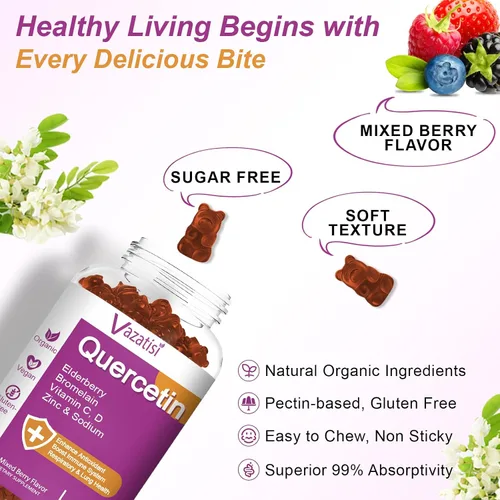 Vista 5 de Gomitas de quercetina, quercetina con vitamina C, zinc, bromelina, saúco y vitamina D, apoyo inmunológico para adultos y niños, mujeres y hombres