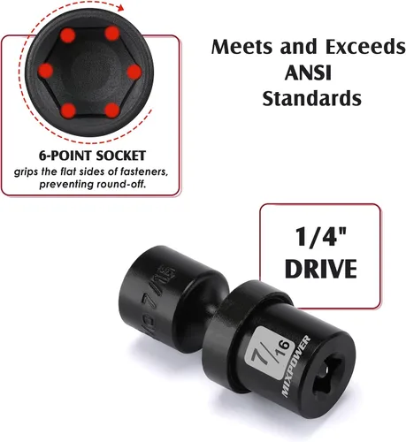 Vista 5 de MIXPOWER Juego de 6 piezas de enchufe de impacto universal poco profundo de 1/4" Drive SAE, 1/4" - 9/16", enchufe giratorio con oscilación flexible