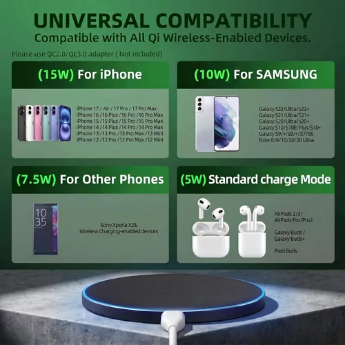 Vista 2 de Cargador inalámbrico rápido de 15 W, compatible con teléfonos Samsung S25/iPhone 17/Android y AirPods/Galaxy Buds, almohadilla de carga