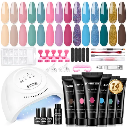 Vista 12 de JEWHITENY - Kit de uñas de gel poli con lámpara UV, 14 colores en tonos púrpura, desnudo, gris, negro, azul y purpurina, kit de iniciación con capa