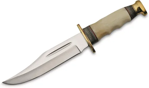 Vista 2 de SZCO Supplies Cuchillo de caza estilo hoja Bowie con mango de hueso/madera de 11.25 pulgadas con funda de cuero, multicolor