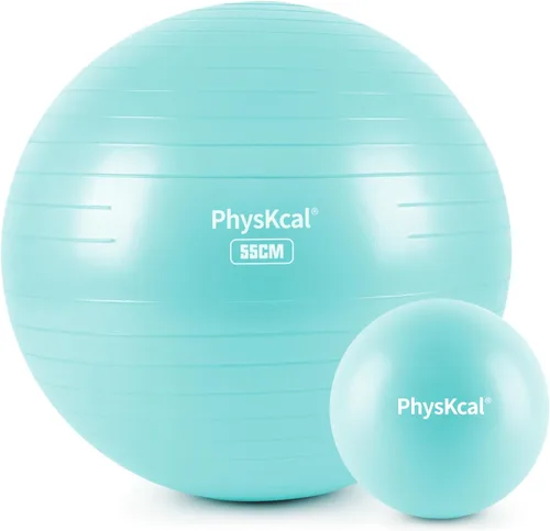 Vista 23 de PhysKcal Pelota de yoga para ejercicio, set de pilates, pelota de fitness de 4 tamaños para entrenamiento, parto, embarazo, terapia física - Bomba