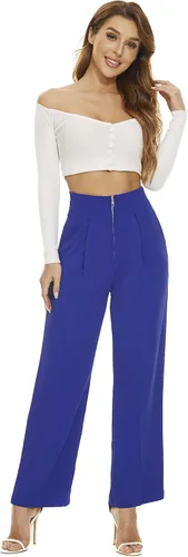 Vista 4 de FUNYYZO Women Pleated Zipper Front Pants Ruffle Edge Waisted Casual Long Straight Trousers for Summer