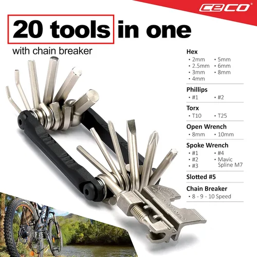 Vista 2 de CECO USA - Herramienta de bicicleta de 20 funciones con rompedor de cadena, multiherramienta para bicicleta, resistente, tamaño de bolsillo