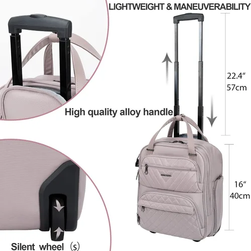 Vista 3 de KROSER Maleta de mano para debajo del asiento, multifuncional, 16 pulgadas, ligera, para mujer, rosa gris