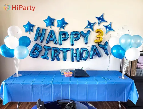 Vista 9 de Globos azules de letras de papel de aluminio de Mylar de 16 pulgadas con 6 globos de estrella, decoraciones de fiesta de feliz cumpleaños