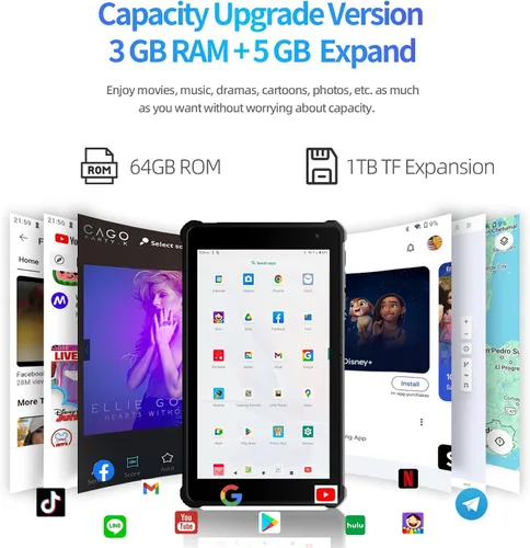 Vista 3 de VASOUN Tablet Android 14 de 7 pulgadas, 8 GB de RAM 64 GB ROM, Octa-Core 2.0 GHz, pantalla táctil IPS, cámara dual, 5G WiFi/Bluetooth, tableta