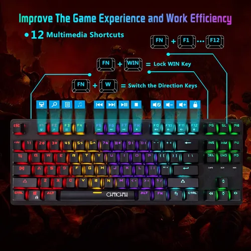 Vista 4 de Mechanical Gaming Keyboard and Mouse Combo-CHONCHOW TKL 87 Keys Blue Switche RGB Rainbow Backlit Keyboard 3200DPI Mice with 6 Button Value Combo for