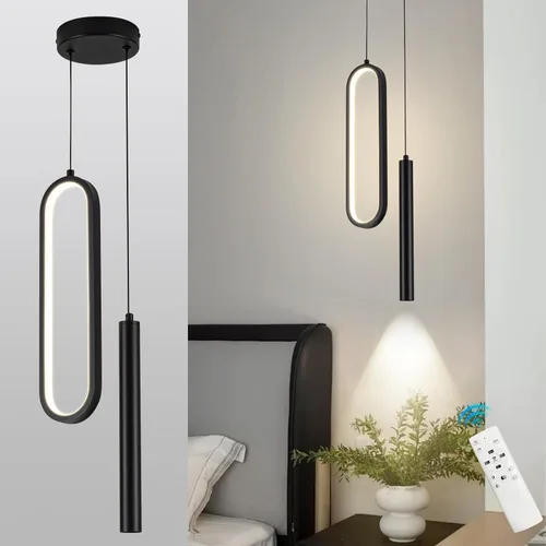 Vista 10 de Lámpara colgante LED moderna dorada mini con control remoto, 2 anillos, 24W, temperatura de color de 3 pasos, intensidad ajustable sin escalones