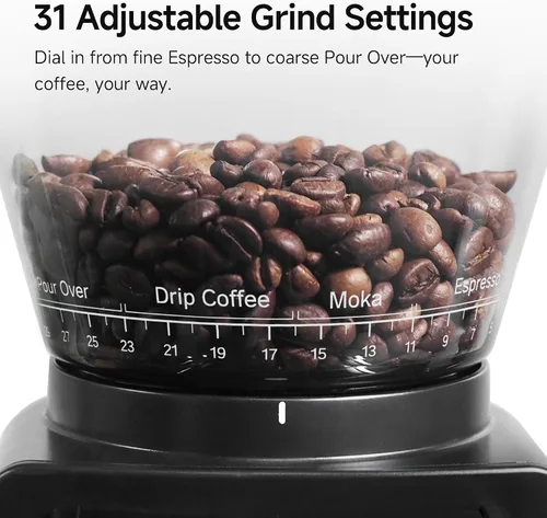 Vista 2 de Molinillo de café eléctrico HIBREW G3, tolva de gran capacidad de 7.4 onzas 40mm Conical Burr 31 Adjustable Settings,Anti-Static Double-Layer Air