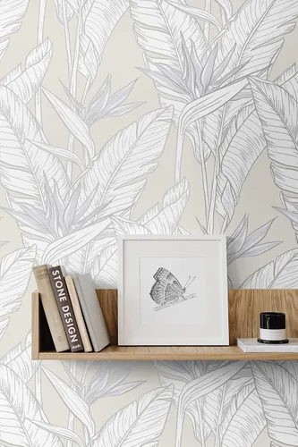 Vista 4 de NextWall Stacy Garcia Home Birds of Paradise - Papel tapiz autoadhesivo (gris perla y plateado metálico)